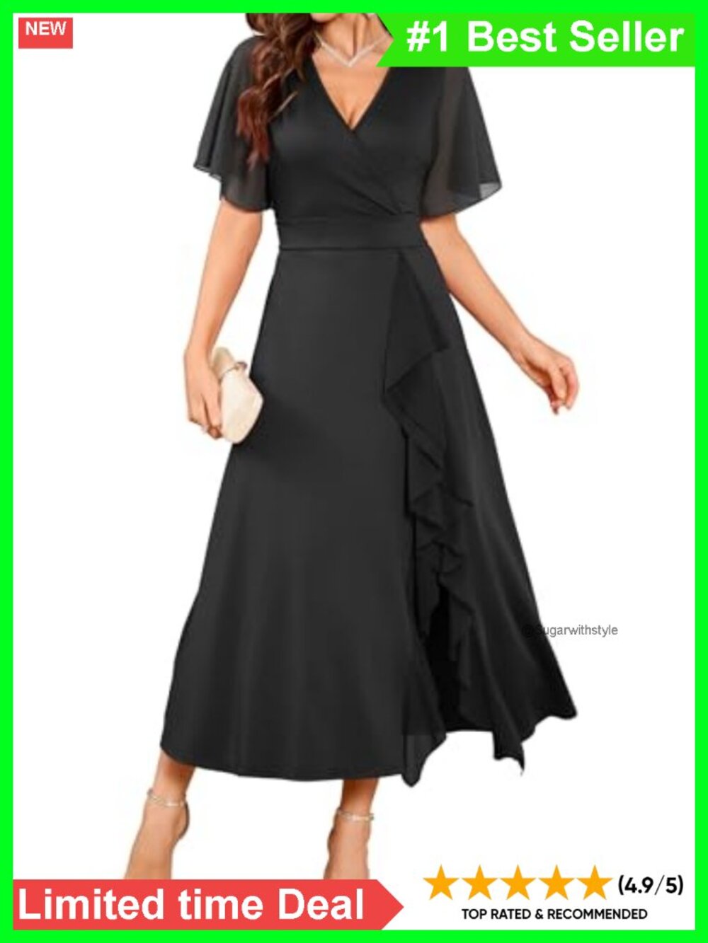 Semi Formal A-Line Wedding Guest Dress V-Neck Flared Sleeve Ruffle Split Hem